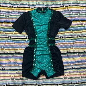 70s/80s teal/black sequin bodysuit romper